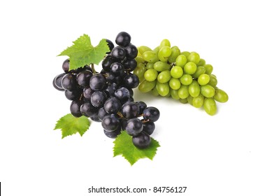 Blue and green grape with leaf isolated on white background