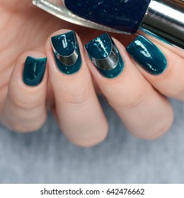 Blue Green Manicure With Black And Mirror Detail