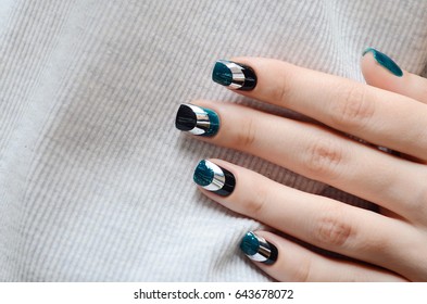 Blue Green Manicure With Black And Mirror Detail