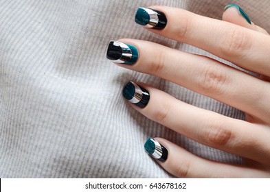 Blue Green Manicure With Black And Mirror Detail