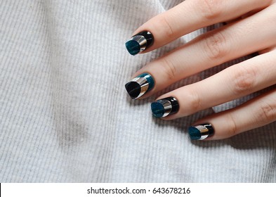 Blue Green Manicure With Black And Mirror Detail