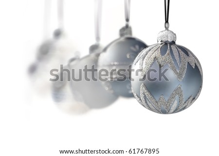 blue grey luxury christmas ornaments on white background narrow dof - Blue Grey Christmas Decorations blue grey luxury christmas ornaments on white background narrow dof - Blue Grey Christmas Decorations