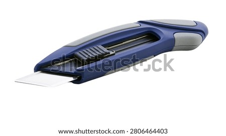 Blue and grey retractable utility knife with sharp metal blade