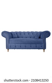 Blue Grey Suede Sofa On Wooden Legs Isolated. Navy Blue Couch Isolated. Upholstered Furniture For The Living Room