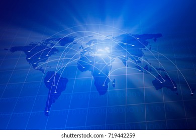 Blue grid with world map,binary code and digital connection communication, business technology concept 