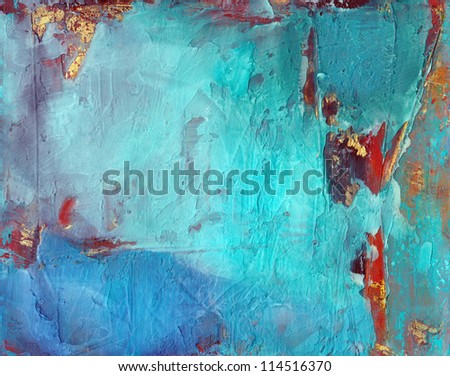 Blue grunge abstract textured background with gold and rust.