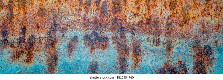 blue grunge painted metal texture of a junk car body, panoramic web banner