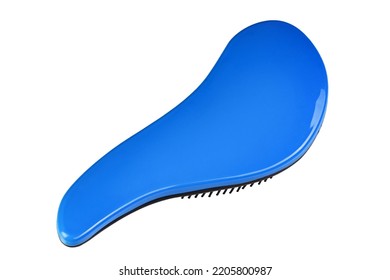 Blue Hairbrush Isolated On White Background. Personal Grooming Accessory. File Contains Clipping Path. Perspective View.