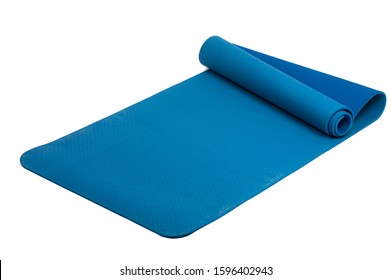 Blue half rolled yoga mat isolated on white background