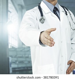 blue hallway of hospital and man in white uniform  - Shutterstock ID 381780391