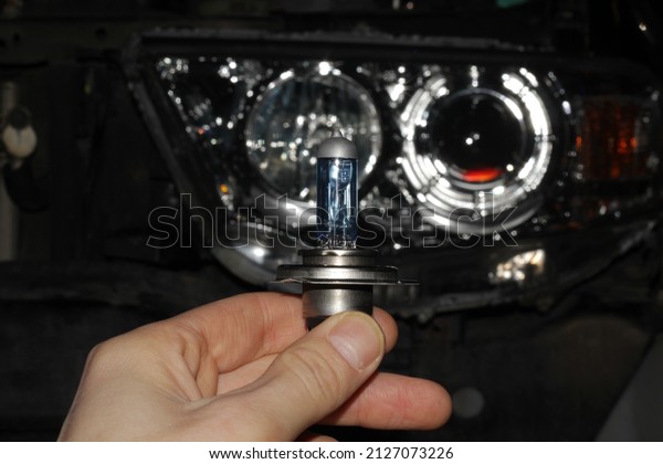 A\
blue halogen light bulb in a man\'s hand against the background of a\
headlight. A professional worker changes the new halogen lamps of\
the car. The mechanic holds a halogen lamp in his\
hand.