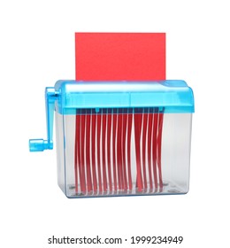 Blue Hand Shredder With Red Paper Isolated On White Background
