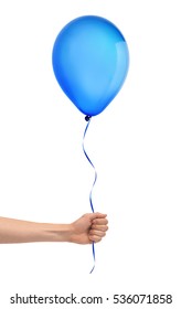 blue happy holiday air flying balloon in man hand isolated on white background.