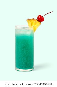 Blue Hawaii cocktail with pineapple and cherry on background mockup