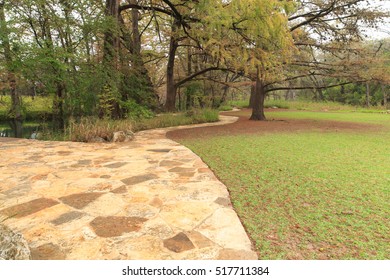 Blue Hole Park/ Path Along Cypress Creek/ A Path And Field Along Cypress Creek In Blue Hole Wimberley, Texas, USA.