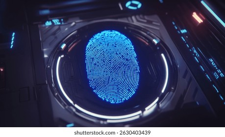 A blue holographic fingerprint is floating in the center of an abstract white circular spiral, creating a futuristic and high-tech atmosphere - Powered by Shutterstock - Get 15% off with code: PIKWIZARD15