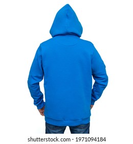 Blue Hoodie With A Hood On A Man Isolated On A White Background, Back View. Layout. Mockup For Production