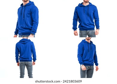 Blue hoodie on a man design template. Man with a beard wears streetwear. Young bearded man standing in a colorful sweatshirt with hood mock-up. - Powered by Shutterstock