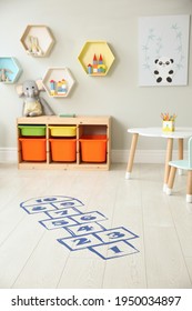 Blue Hopscotch Floor Sticker In Playing Room