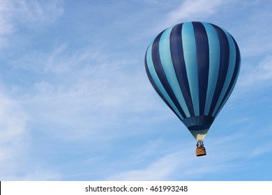 Blue Hot Air Balloon Close Up. Light And Dark Blue Stripes.