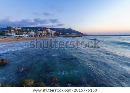 Similar – Evening view from above of the bay, the sandy beach and the old town of Sperlonga (southern Italy)