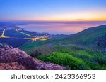 Blue hour (before sunrise) view of the Sea of Galilee, from Mount Arbel (west side). Northern Israel