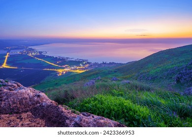 Blue hour (before sunrise) view of the Sea of Galilee, from Mount Arbel (west side). Northern Israel - Powered by Shutterstock