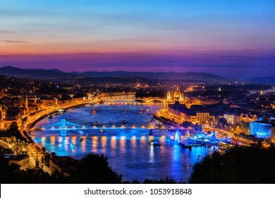 Blue hour in city of Budapest by the Danube River, tranquil twilight evening in capital city of Hungary.