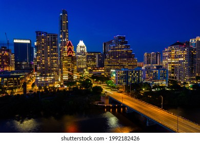 Blue Hour Nightscape Long Exposure Cityscape Over South Congress Bridge In Austin Texas USA A Gorgeous Travel Destination Along The Colorado River The Captial City Of Texas 