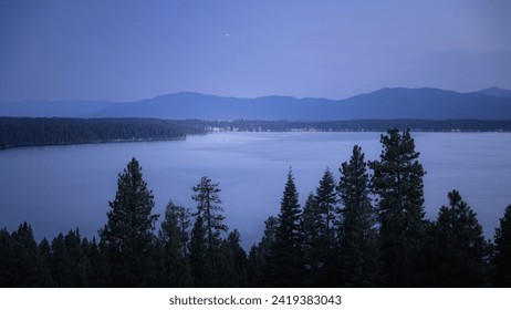 Blue hour picture of McCall Idaho from across Payette Lake