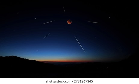 Blue hour time with lunar eclipse, stars and planets above landscape silhouettes.