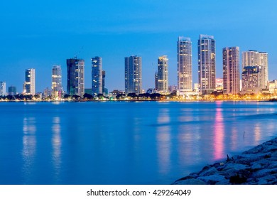 Blue Hour View Building Of Gurney Drive And George Town Metropolitan From Straits Quay, Penang Malaysia