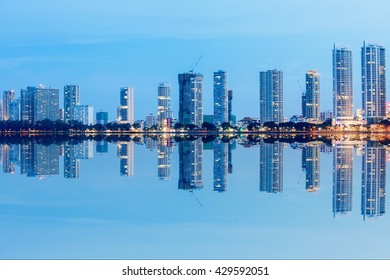 Blue Hour View Building Of Gurney Drive And George Town Metropolitan From Straits Quay, Penang Malaysia