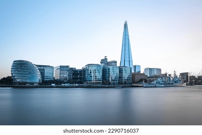 Blue Hour view of more London and the shard in London, long exposure, waterview