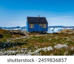 Blue house in the small village of Tiilerilaaq (mixed spelling: Tiniteqilaaq) in East Greenland. Icebergs in the background