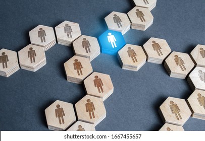 Blue Human Figurine Connects Employees Into A Large Company Network Connection System. Leader And Leadership. Teamwork Cooperation, Collaboration. Link Of The Whole. Important Unit, Responsible Post.