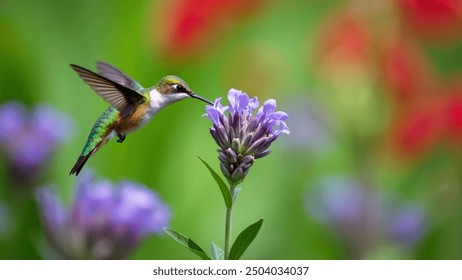 Blue hummingbird Violet Sabine flies next to beautiful red flowers. Small bird flying in the jungle. Wildlife of tropical Costa Rica. one birds sucking nectar from forest flowers. Bird behavior