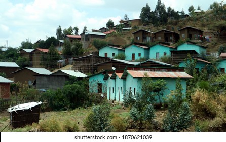 Blue Huts In Affordable Housing Project In Ethiopia Highlands