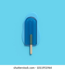 Blue An Ice Cream Melt On Blue Background. Minimal Creative Idea.