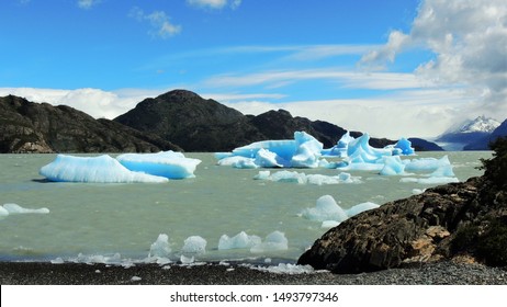Blue ice floes floating on Grey lake in Chile, Patagonia, Torres del Paine National Park