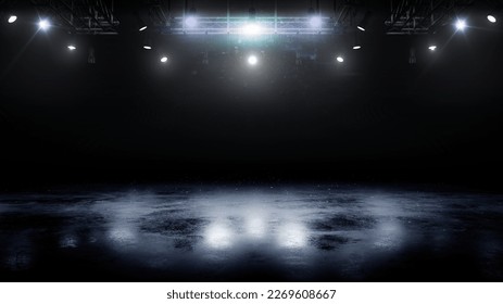 Blue ice floor texture and mist. Snow and ice background. Empty ice rink illuminated by spotlights. Scene Illumination