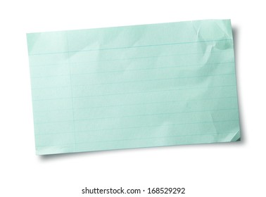 Blue Index Card Or Recipe Card Isolated On White. With Folds And Bent (warped) Corners.