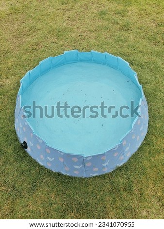 Blue Inflatable Kiddie Pool . low water level and not clean. the pool put on green grass field