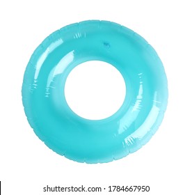 Blue Inflatable Ring Isolated On White, Top View. Beach Accessory