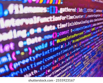 Blue info screen. Binary code superimposed on a circuit board. Stock market graph and ticker with blue screen for stock exchange analysis. Developer work. Light blue abstract  computer code.