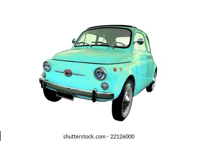 Blue Italian Fiat 500 Isolated On A White Background