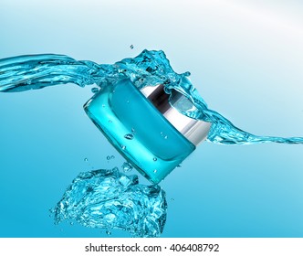 The blue jar of moisturizing cream in the blue water wave  with big air bubbles and water drops  on the blue water background - Shutterstock ID 406408792