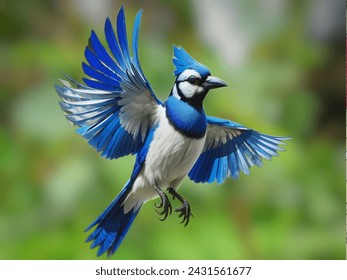 A blue jay spreads its wings, flying across a clear green landscape. - Powered by Shutterstock