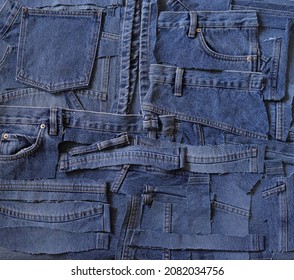 Blue Jean Fabric Pieces Texture Background.