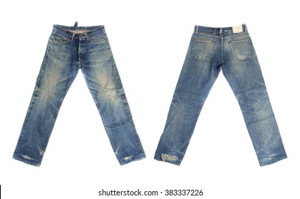 Blue Jeans Isolated On White Background, Front And Rear For Design Work